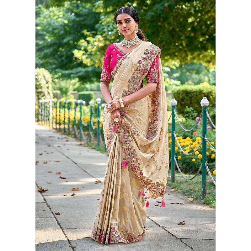 Cream Dupion Silk Saree With Blouse Piece - JD986587615