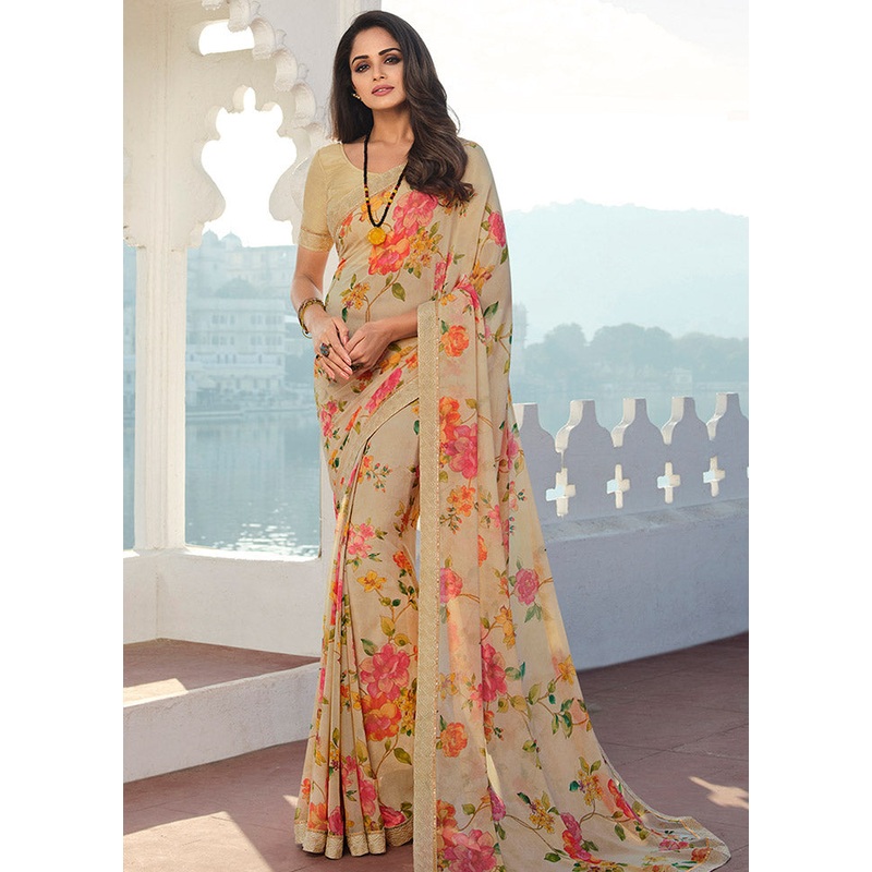 Cream Georgette Saree With Blouse Piece - JD986587613