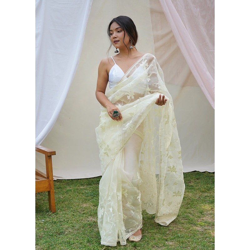 Cream Organza Saree With Blouse Piece - JD986587612