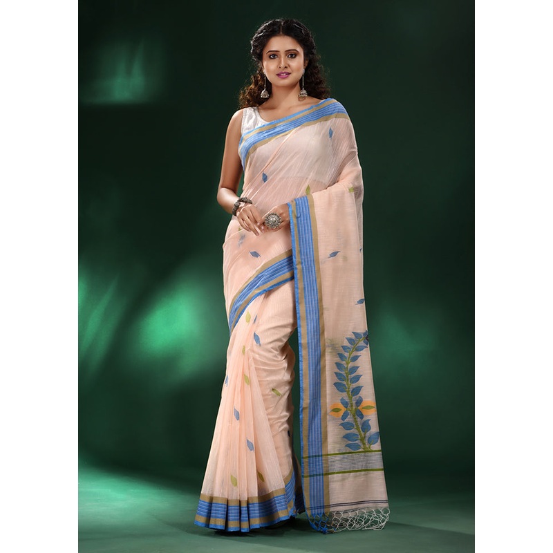 Cream Pure Cotton Saree With Blouse Piece - JD986587596