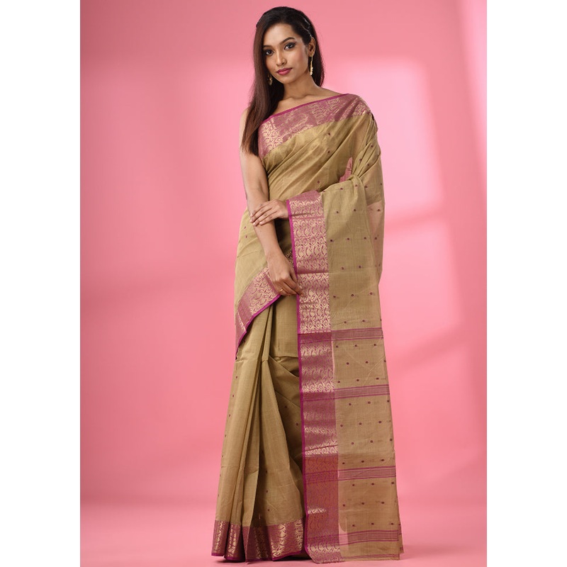 Cream Pure Cotton Saree With Blouse Piece - JD986587598