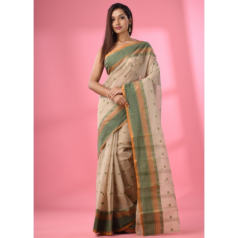 Cream Pure Cotton Saree With Blouse Piece - JD986587599