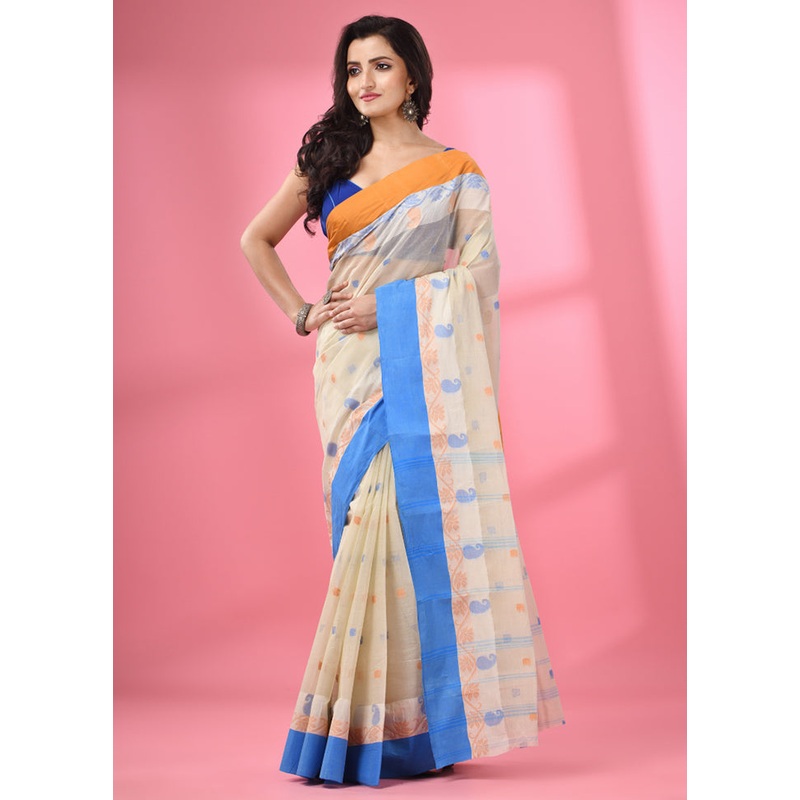 Cream Pure Cotton Saree With Blouse Piece - JD986587600