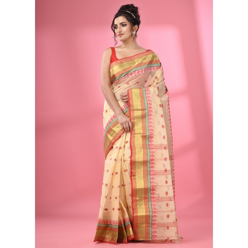 Cream Pure Cotton Saree With Blouse Piece - JD986587601