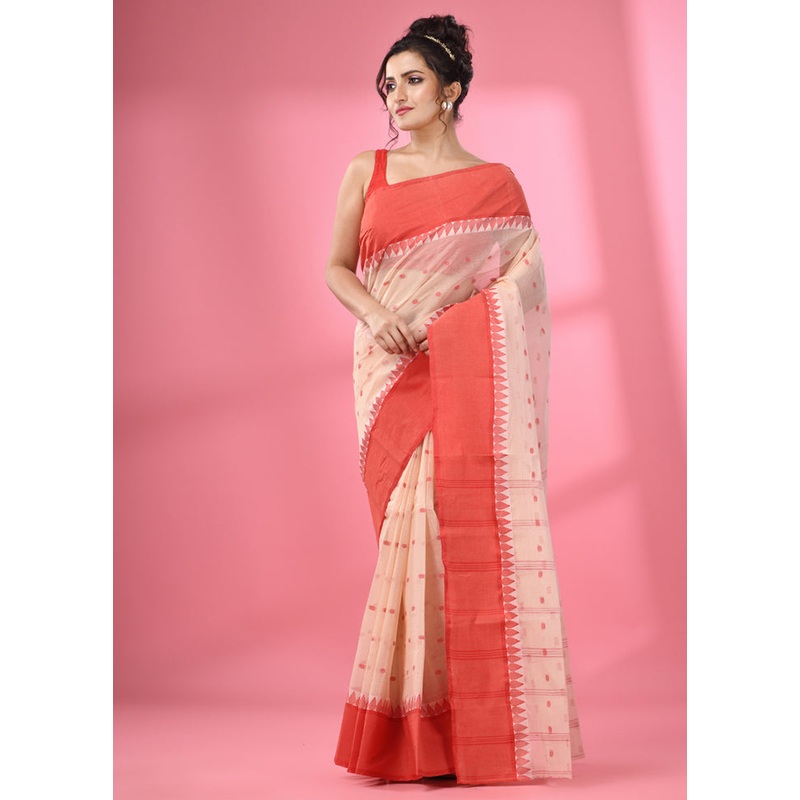 Cream Pure Cotton Saree With Blouse Piece - JD986587602
