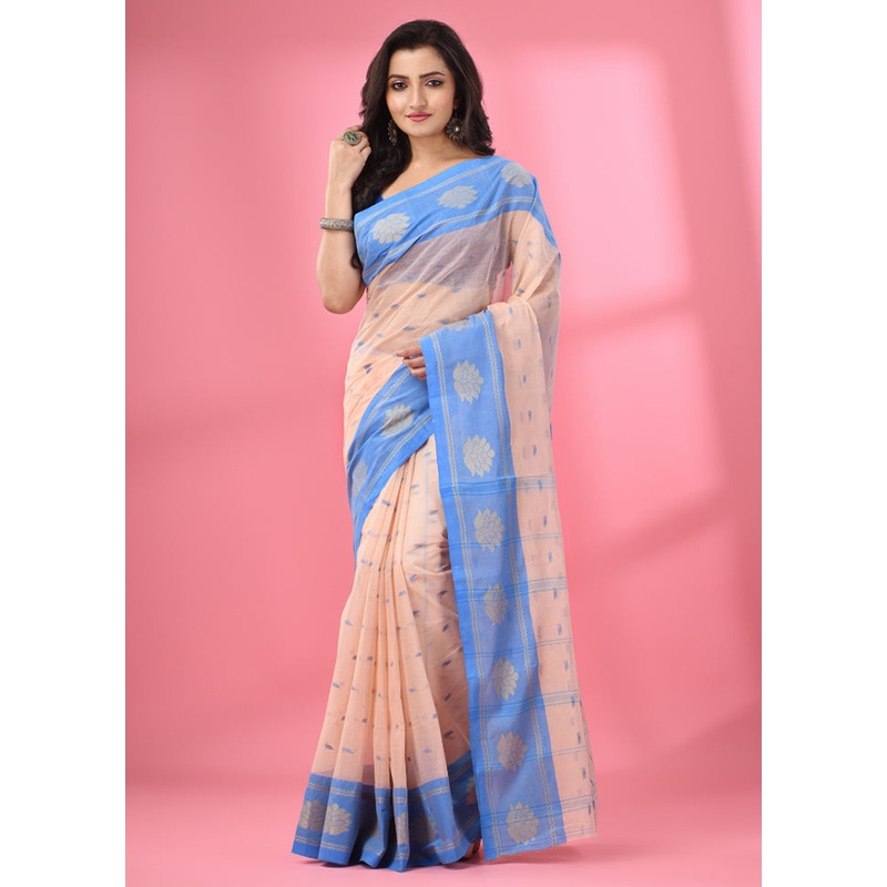 Cream Pure Cotton Saree With Blouse Piece - JD986587603