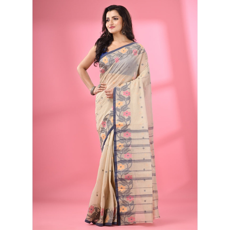 Cream Pure Cotton Saree With Blouse Piece - JD986587604