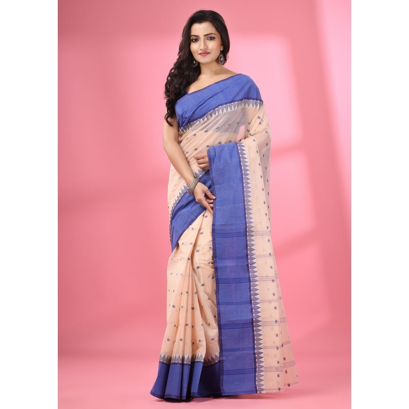 Cream Pure Cotton Saree With Blouse Piece - JD986587605