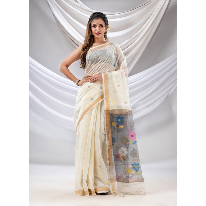 Cream Pure Cotton Saree With Blouse Piece - JD986587607