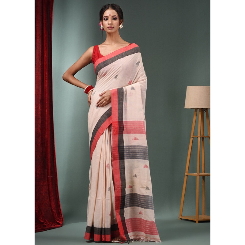 Cream Pure Cotton Saree With Blouse Piece - JD986587608
