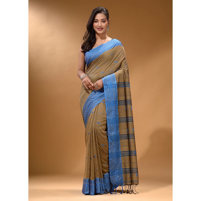 Cream Pure Cotton Saree With Blouse Piece - JD986587610