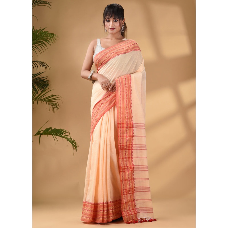 Cream Pure Cotton Saree With Blouse Piece - JD986587611