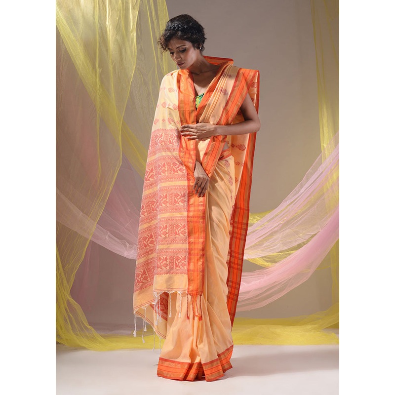 Cream Spun Silk Saree With Blouse Piece - JD986587586