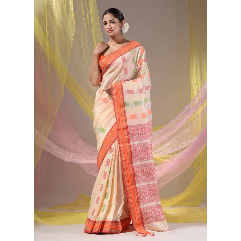 Cream Spun Silk Saree With Blouse Piece - JD986587587