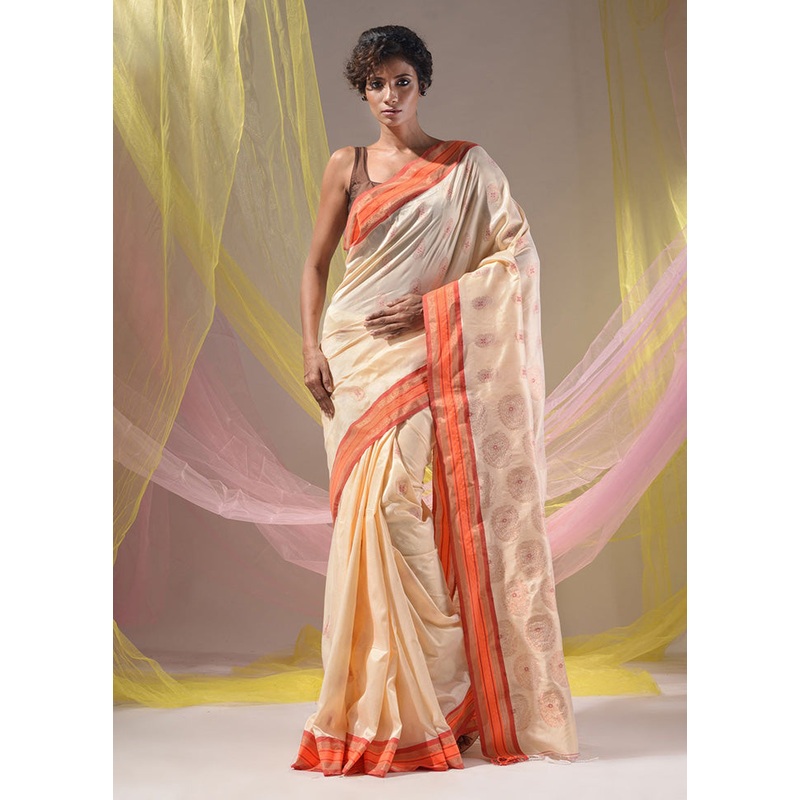 Cream Spun Silk Saree With Blouse Piece - JD986587588