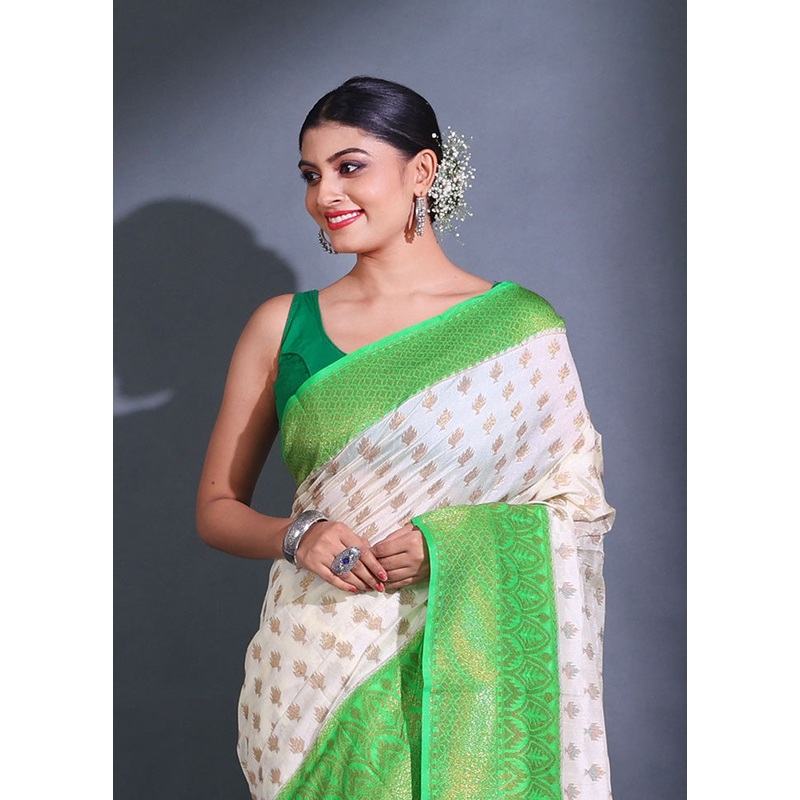 Cream Spun Silk Saree With Blouse Piece - JD986587589