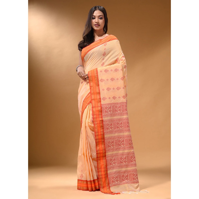 Cream Spun Silk Saree With Blouse Piece - JD986587590