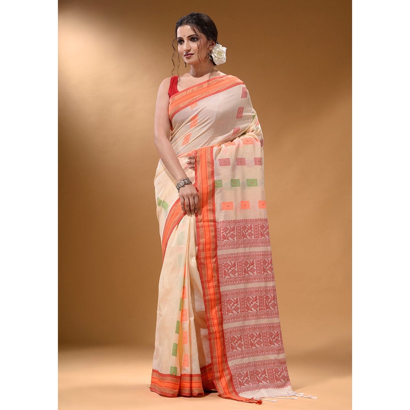Cream Spun Silk Saree With Blouse Piece - JD986587591