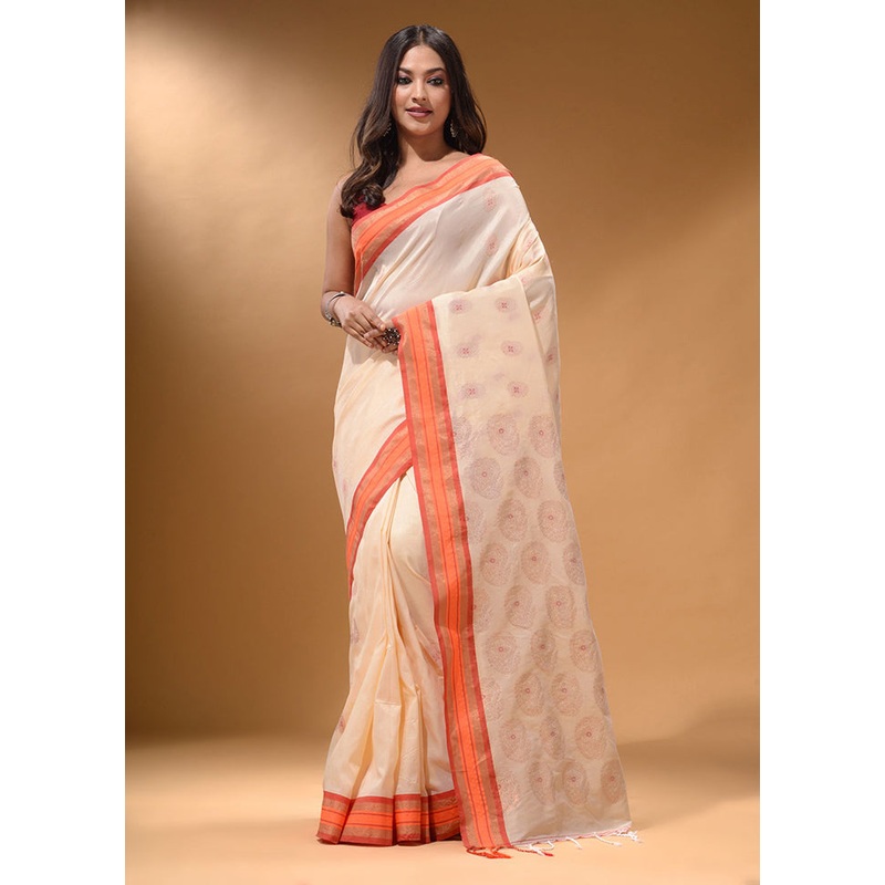 Cream Spun Silk Saree With Blouse Piece - JD986587592