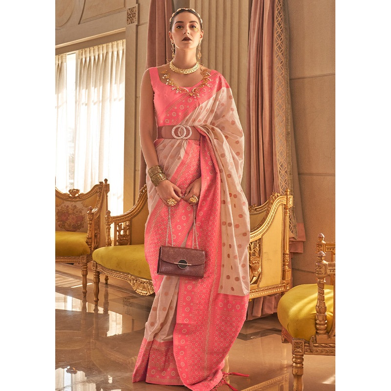 Cream Spun Silk Saree With Blouse Piece - JD986587594