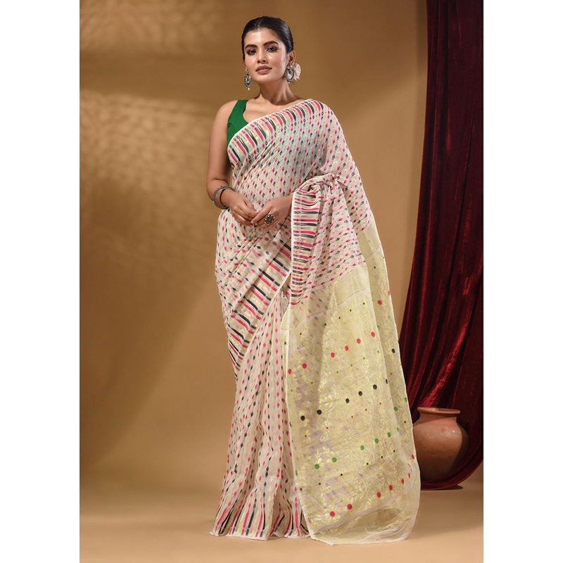 Cream Tant Jamdani Saree With Blouse Piece - JD986587583