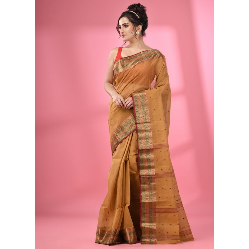 Dark Beige Pure Cotton Saree With Blouse Piece - JD986587582