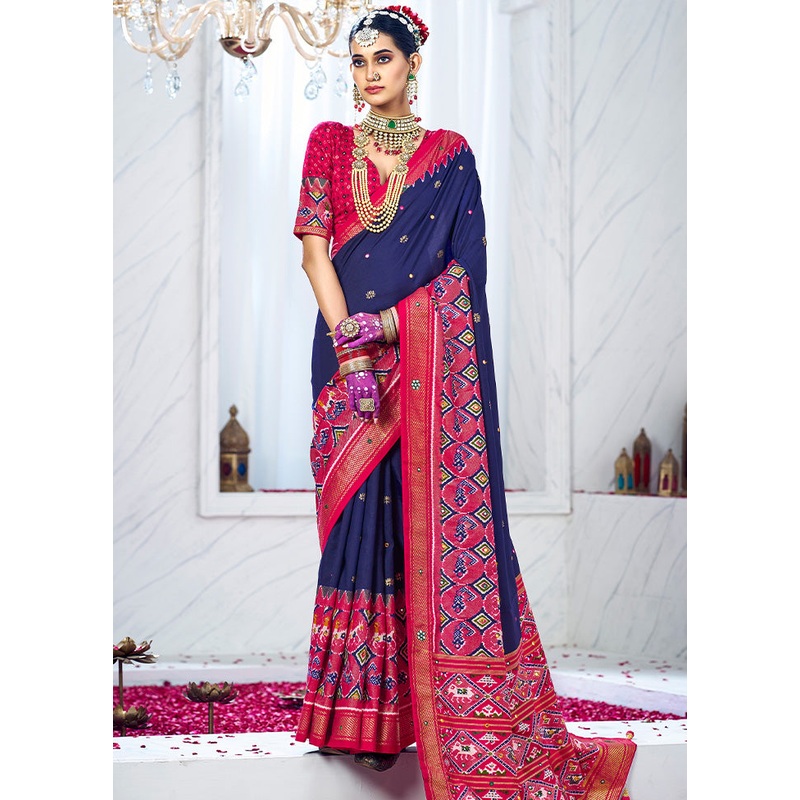 Dark Blue Cotton Saree With Blouse Piece - JD986587581