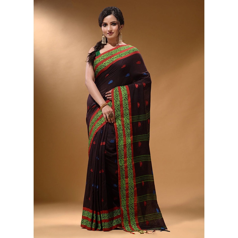 Dark Brown Pure Cotton Saree With Blouse Piece - JD986587580