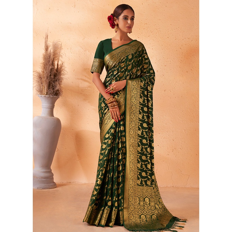 Dark Green Georgette Saree With Blouse Piece - JD986587579