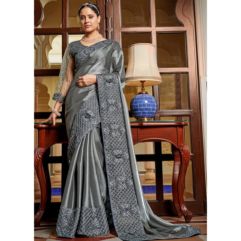 Dark Grey Chiffon Silk Saree With Blouse Piece - JD986587576