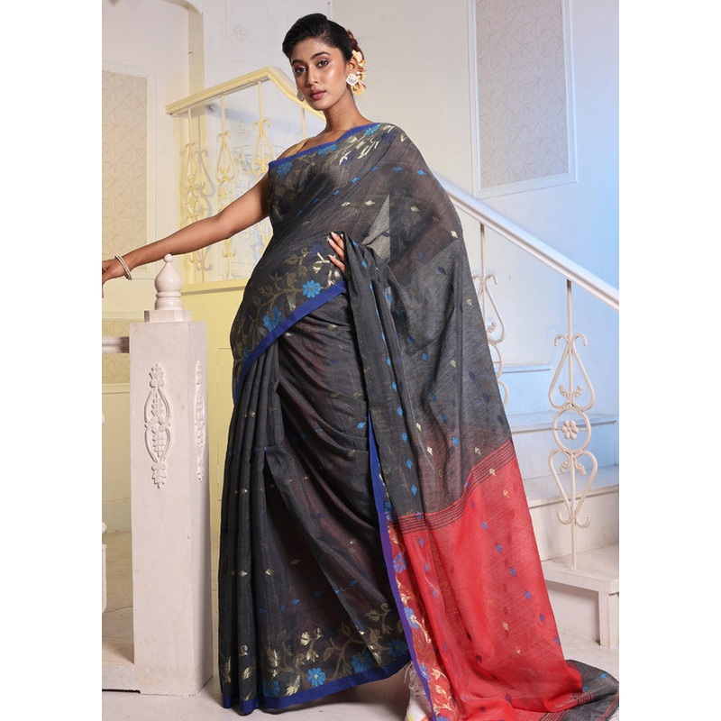 Dark Grey Cotton Saree With Blouse Piece - JD986587575