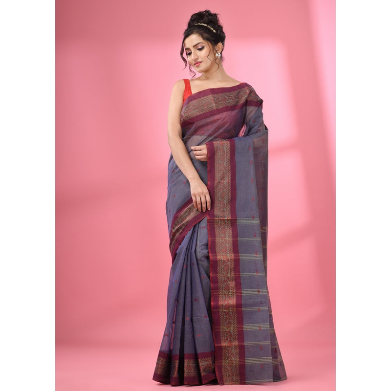 Dark Grey Pure Cotton Saree With Blouse Piece - JD986587573