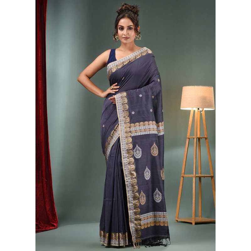 Dark Grey Pure Cotton Saree With Blouse Piece - JD986587574
