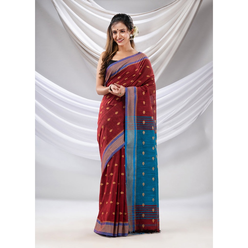 Dark Red Pure Cotton Saree With Blouse Piece - JD986587569