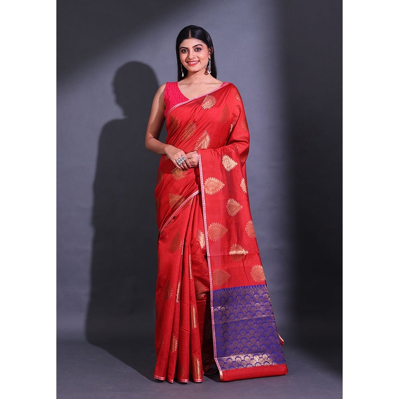 Dark Red Pure Cotton Saree With Blouse Piece - JD986587570
