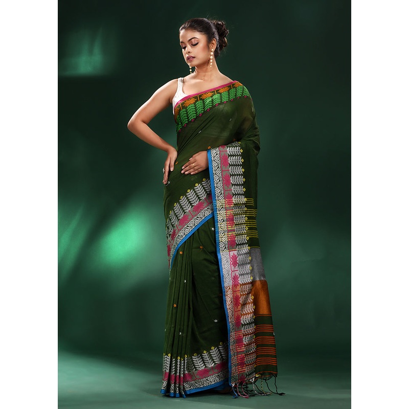 Deep Green Cotton Saree With Blouse Piece - JD986587568