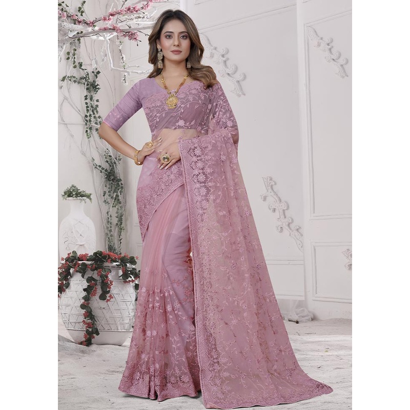 Dusty Pink Organza Saree With Blouse Piece - JD986587565