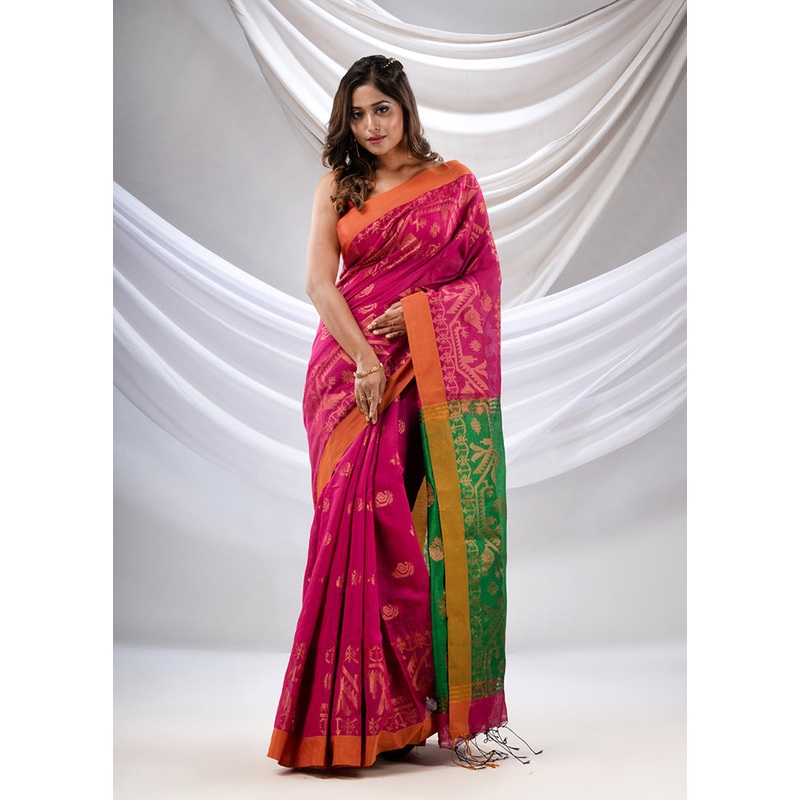 Fuchsia Cotton Saree With Blouse Piece - JD986587561
