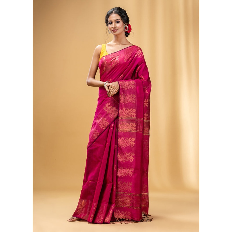 Fuchsia Cotton Saree With Blouse Piece - JD986587562