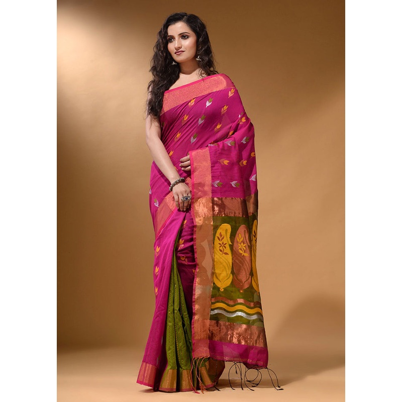 Fuchsia Pure Cotton Saree With Blouse Piece - JD986587553