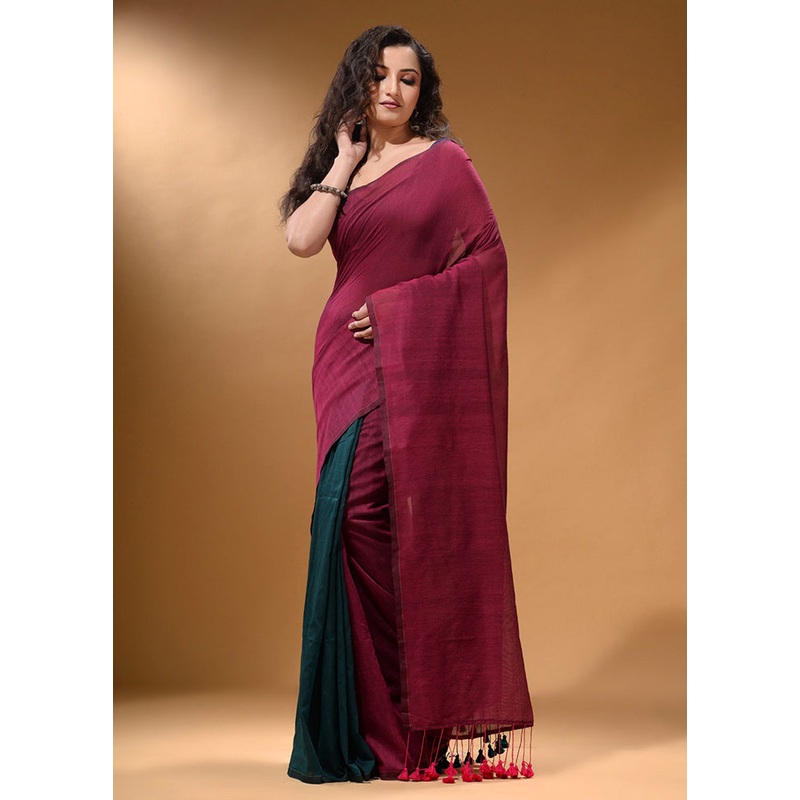 Fuchsia Pure Cotton Saree With Blouse Piece - JD986587554