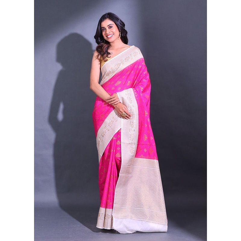 Fuchsia Spun Silk Saree With Blouse Piece - JD986587546