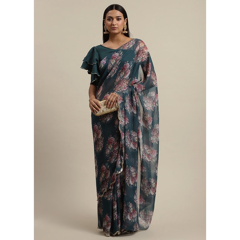 Green Chiffon Silk Saree With Blouse Piece - JD986587537