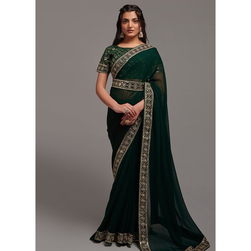 Green Chiffon Silk Saree With Blouse Piece - JD986587540