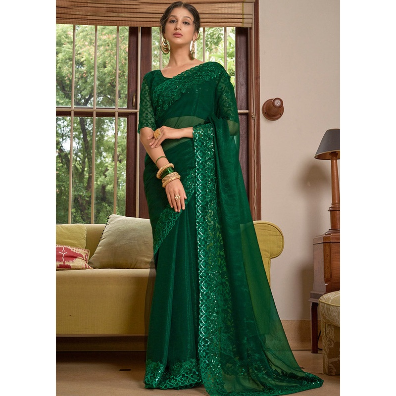 Green Chiffon Silk Saree With Blouse Piece - JD986587541