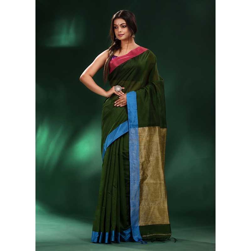 Green Cotton Saree With Blouse Piece - JD986587505