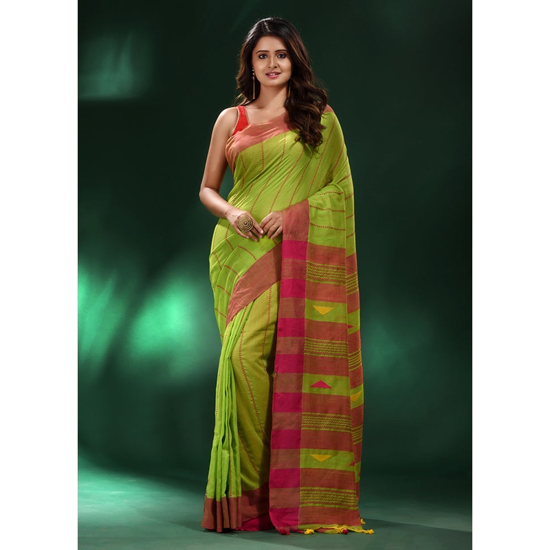 Green Cotton Saree With Blouse Piece - JD986587507