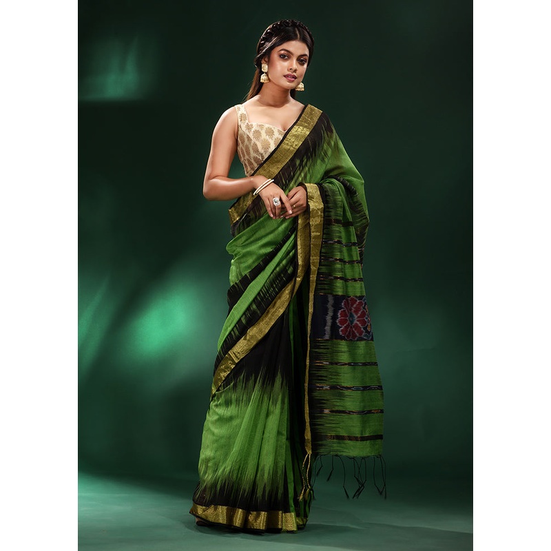Green Cotton Saree With Blouse Piece - JD986587508