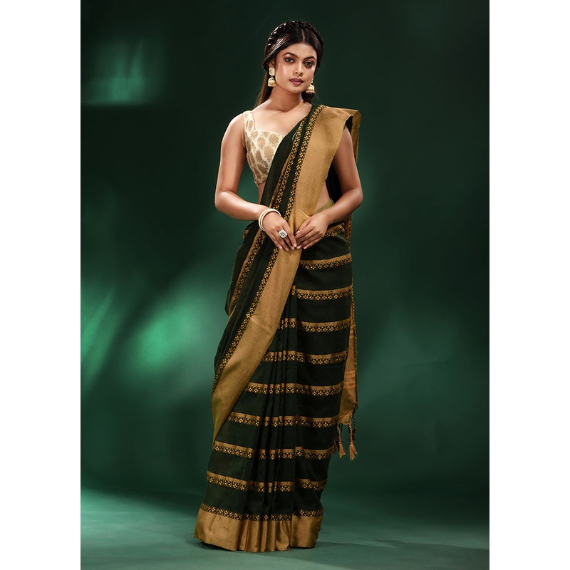 Green Cotton Saree With Blouse Piece - JD986587509