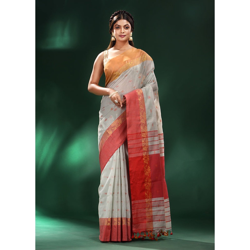 Green Cotton Saree With Blouse Piece - JD986587510